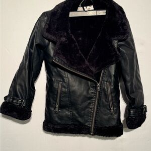 Stylish Kids Black Leather Jacket with Plush Trim